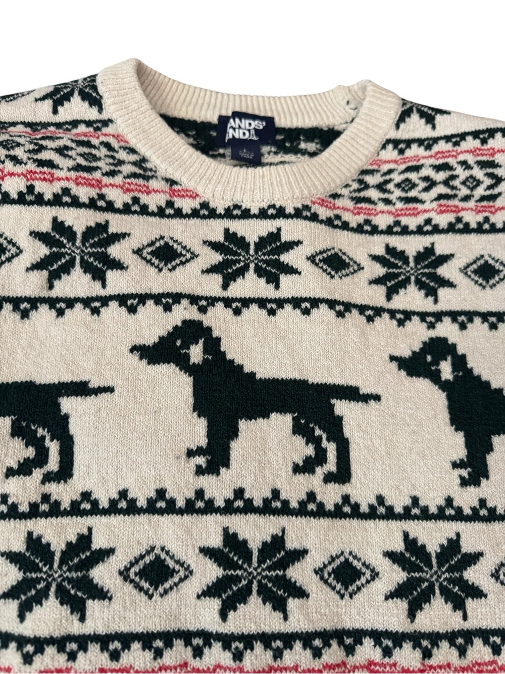 Lands End Mens Sweater Fair Isle Dog Holiday Christmas Cream Nordic Large 42-44 - Picture 3 of 14